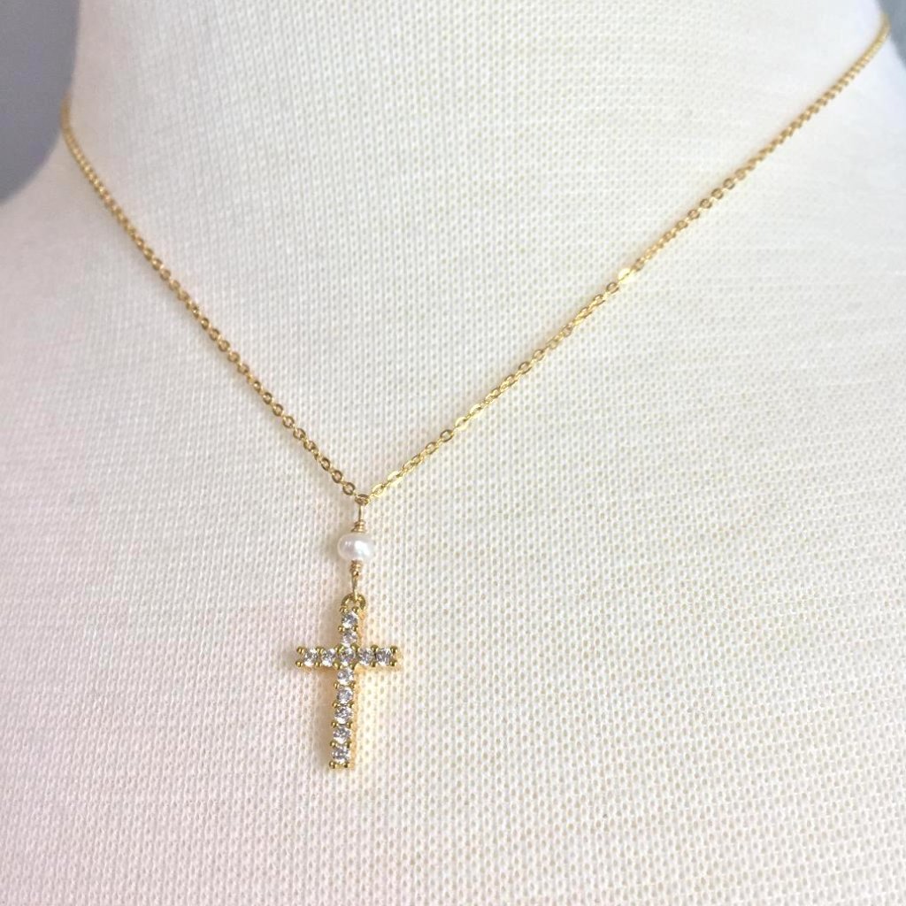 Tiny White Pearl Cz Cross Necklace Gold 45$